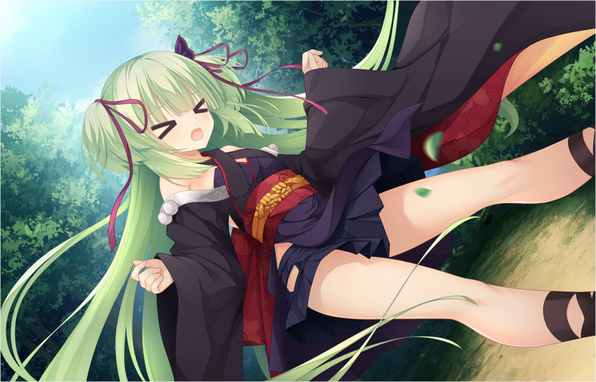 &gt;_&lt; 1girl bare_shoulders black_kimono black_skirt blunt_bangs blunt_ends blurry blush butterfly_hair_ornament criss-cross_halter day depth_of_field dutch_angle eyes_visible_through_hair facing_viewer falling_leaves feet_out_of_frame floating_clothes floating_hair forest furrowed_brow game_cg green_hair hair_ornament hair_ribbon halterneck hands_up hime_cut japanese_clothes kimono leaf long_hair long_ribbon long_sleeves miniskirt murasame_(senren) muririn nature non-web_source official_art open_mouth outdoors pleated_skirt pom_pom_(clothes) red_ribbon red_sash ribbon sash senren_banka sidelocks skirt solo tearing_up tears tsurime two_side_up variant_set very_long_hair w_arms wide_sleeves
