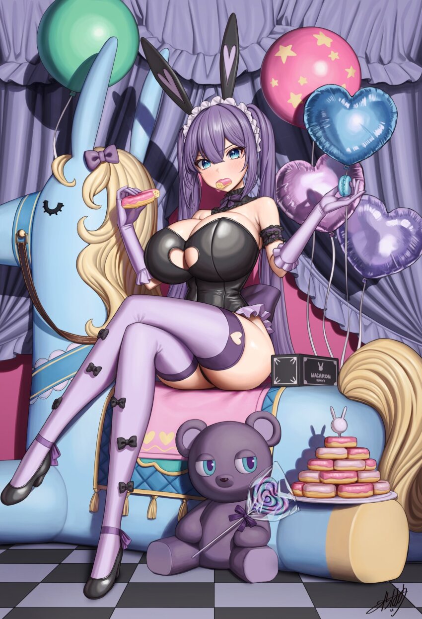 1girl animal_ears balloon bare_shoulders black_leotard breasts character_request cleavage cleavage_cutout clothing_cutout copyright_request crossed_legs donut fake_animal_ears food full_body heart_balloon heart_cutout high_heels highres holding holding_donut holding_food large_breasts leotard long_hair macaron michihasu playboy_bunny purple_thighhighs rabbit_ears sitting solo strapless strapless_leotard stuffed_animal stuffed_donkey stuffed_toy teddy_bear thighhighs twintails very_long_hair
