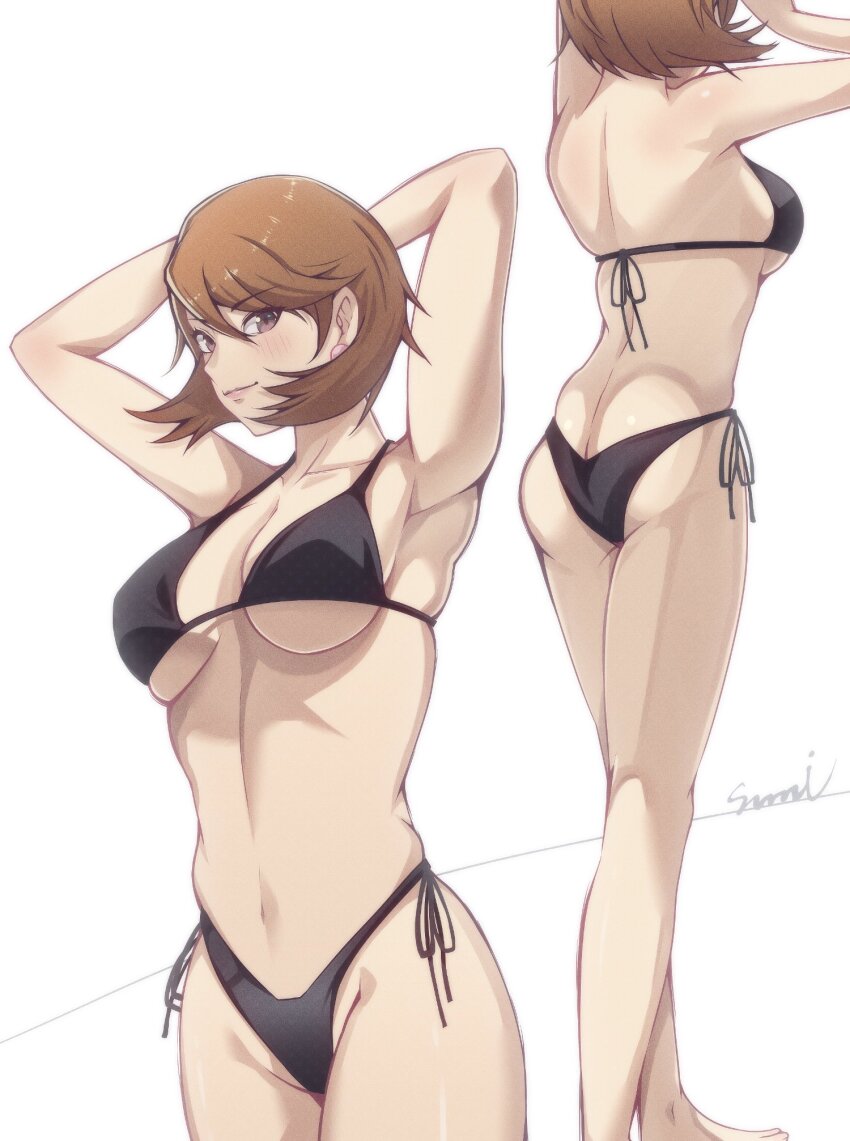 1girl alternate_costume armpits arms_behind_head arms_up ass bare_arms bare_legs bare_shoulders bikini black_bikini blush breasts brown_eyes brown_hair butt_crack cleavage closed_mouth collarbone corner50777313 cowboy_shot earrings feet_out_of_frame flipped_hair from_behind halterneck highres jewelry large_breasts looking_at_viewer mixed-language_commentary multiple_views navel persona persona_3 short_hair side-tie_bikini_bottom simple_background standing stomach swimsuit takeba_yukari white_background
