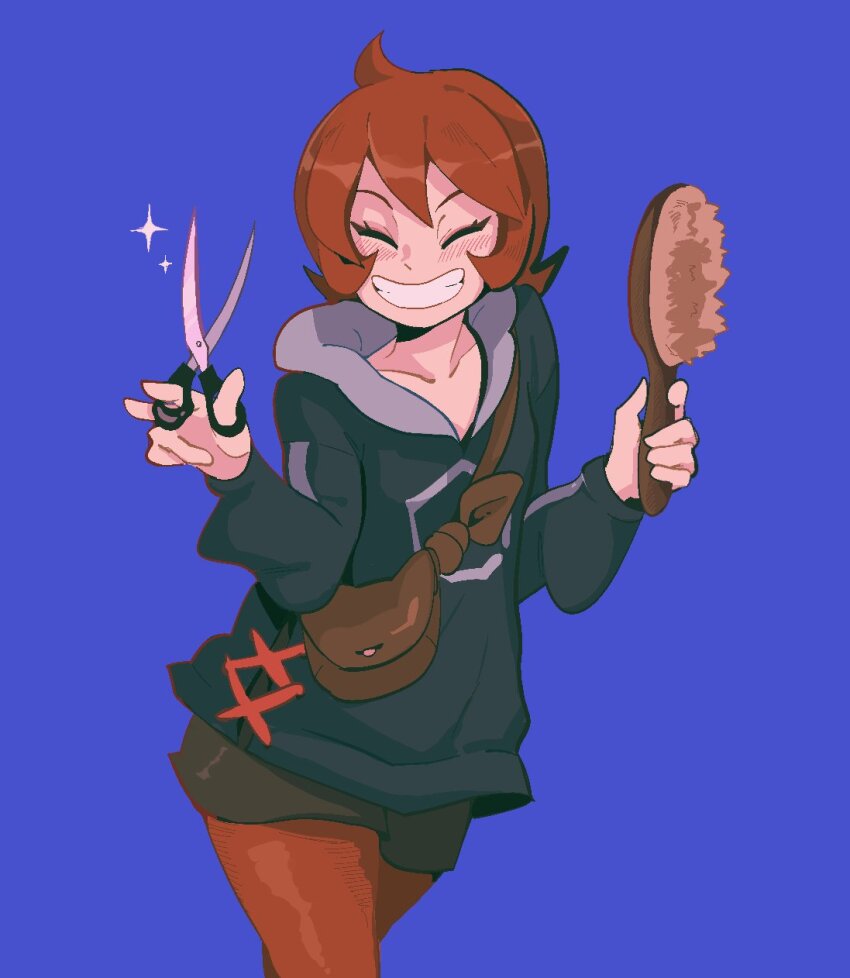 1girl arezu_(pokemon) black_shirt blue_background blush brown_bag charcustom closed_eyes commentary english_commentary eyelashes glint grin hair_brush highres holding holding_hair_brush holding_scissors nintendo pantyhose pokemon pokemon_legends:_arceus red_hair red_pantyhose scissors shirt short_hair simple_background smile solo teeth