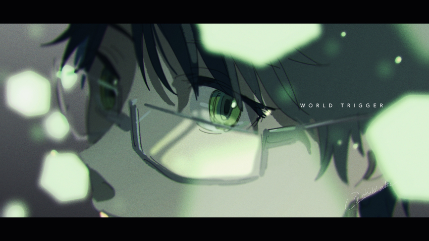 1boy chibi_ake close-up copyright_name eye_focus from_side glasses green_eyes green_theme grey-framed_eyewear grey_background highres letterboxed light_particles looking_at_viewer male_focus mikumo_osamu portrait signature solo world_trigger
