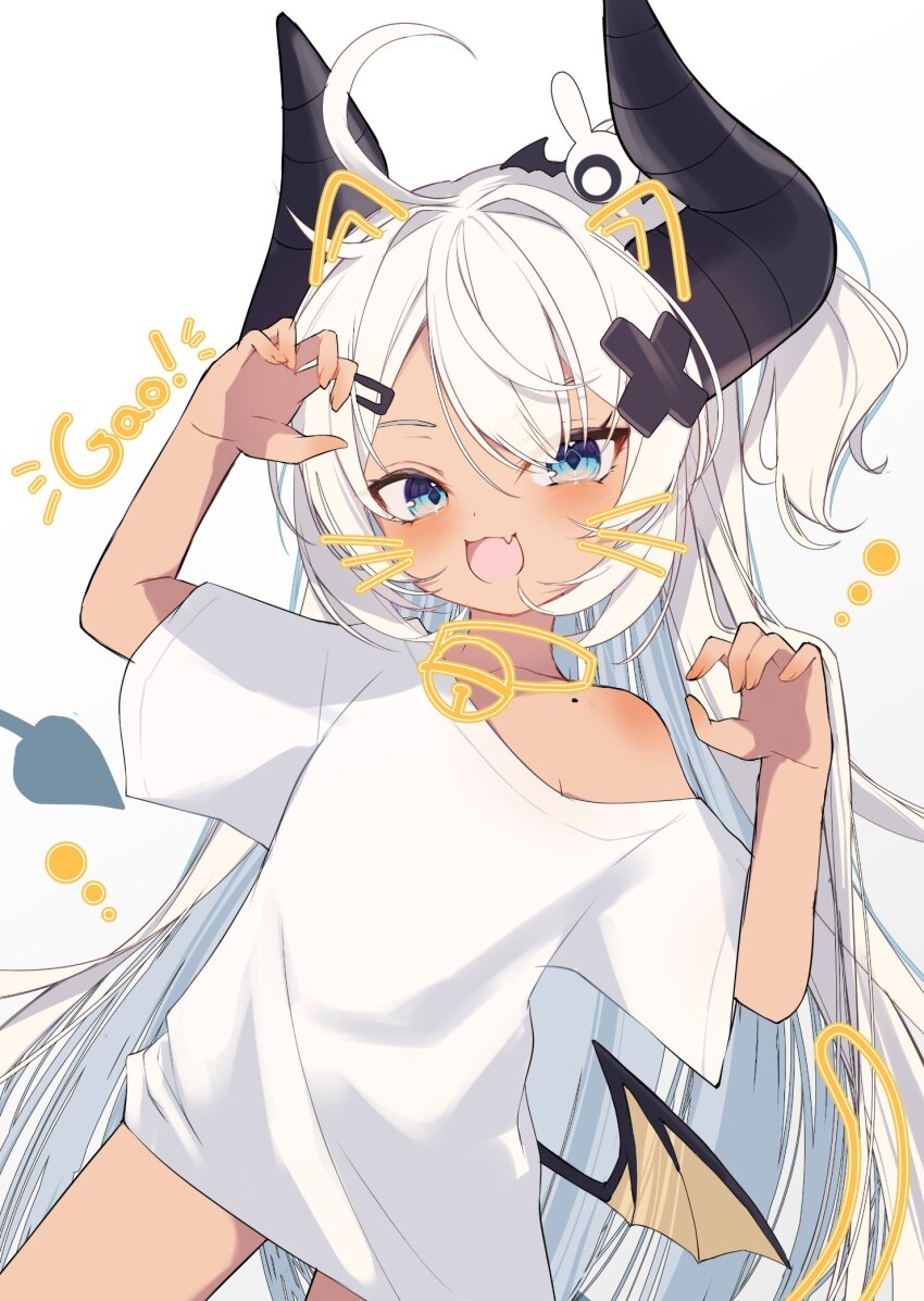 1girl :3 ahoge animal_ears armpit_peek asagawa_mikan asagawa_mikan_(peachy_michi) bare_shoulders bat_wings blue_eyes blush cat_ears cat_tail choker claw_pose collarbone demon_girl demon_horns demon_tail drawn_ears drawn_mustache drawn_tail fang flat_chest gao hair_ornament highres horns indie_virtual_youtuber long_hair looking_at_viewer messy_hair mole mole_on_shoulder off_shoulder open_mouth oversized_clothes oversized_shirt shirt shoulder_blush simple_background skin_fang t-shirt tail tan thighs very_long_hair virtual_youtuber white_hair white_shirt wings