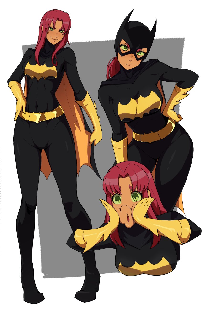 1girl absurdres batgirl batgirl_(cosplay) batman_(series) batman_symbol belt black_bodysuit bodysuit breasts cape colored_sclera colored_skin commentary cosplay dc_comics english_commentary face_squeeze frown full_body gloves green_eyes green_sclera hand_on_own_hip hands_on_own_face highres kekel long_hair looking_at_viewer mask multiple_views orange_skin puckered_lips red_hair smile starfire superhero_costume tamaranean teen_titans teen_titans_(tv_series) utility_belt yellow_gloves