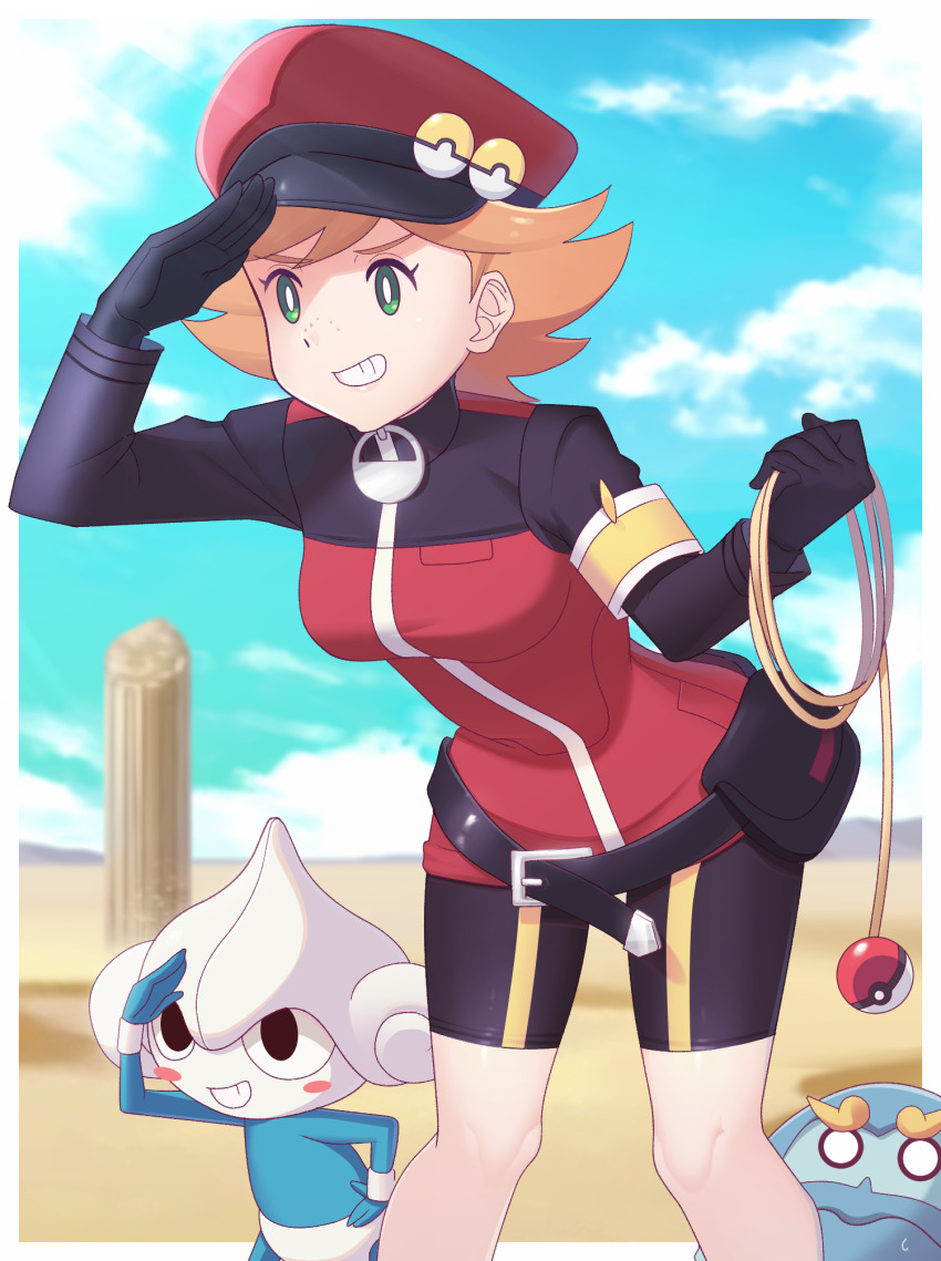 1girl belt bike_shorts black_belt black_gloves blurry blurry_background border bright_pupils cloud commentary_request cosplay darmanitan darmanitan_(zen) day desert eyelashes gazing_eye gen_3_pokemon gen_5_pokemon gloves green_eyes grin highres holding jacket kira_(pokemon_jn014) knees lasso leaning_forward meditite nintendo no_sclera orange_hair outdoors outside_border pillar pokemon pokemon_(anime) pokemon_journeys pokemon_masters_ex pokemon_ranger_(pokemon) pokemon_ranger_(pokemon)_(cosplay) ruins sky smile turtleneck turtleneck_jacket white_border white_pupils