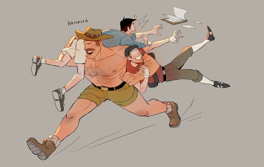 3boys abs absurdres arm_hair black_hair blonde_hair boots carrying carrying_multiple_people carrying_over_shoulder carrying_person carrying_under_arm citrus0lemon cowboy_hat english_text full_body grey_background hat headset highres large_pectorals long_sideburns male_focus mature_male mr._bidwell multiple_boys muscular muscular_male mustache pectorals running saxton_hale scout_(tf2) short_hair short_shorts shorts sideburns simple_background size_difference smile team_fortress_2 thick_chest_hair thick_mustache topless_male