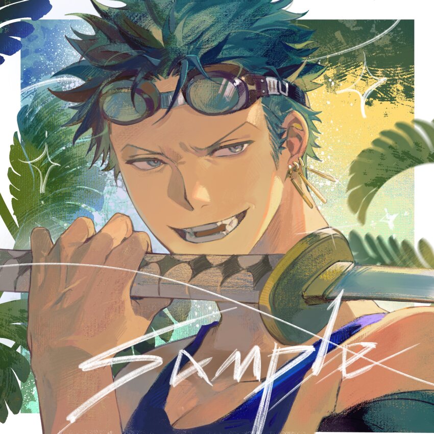 1boy blue_tank_top border commission earrings goggles goggles_on_head green_hair hashtag-only_commentary highres holding holding_sword holding_weapon jewelry katana left-handed lucis0407 male_focus one_piece roronoa_zoro sample_watermark short_hair smile solo sparkle sword tank_top teeth upper_body v-shaped_eyebrows watermark weapon white_border
