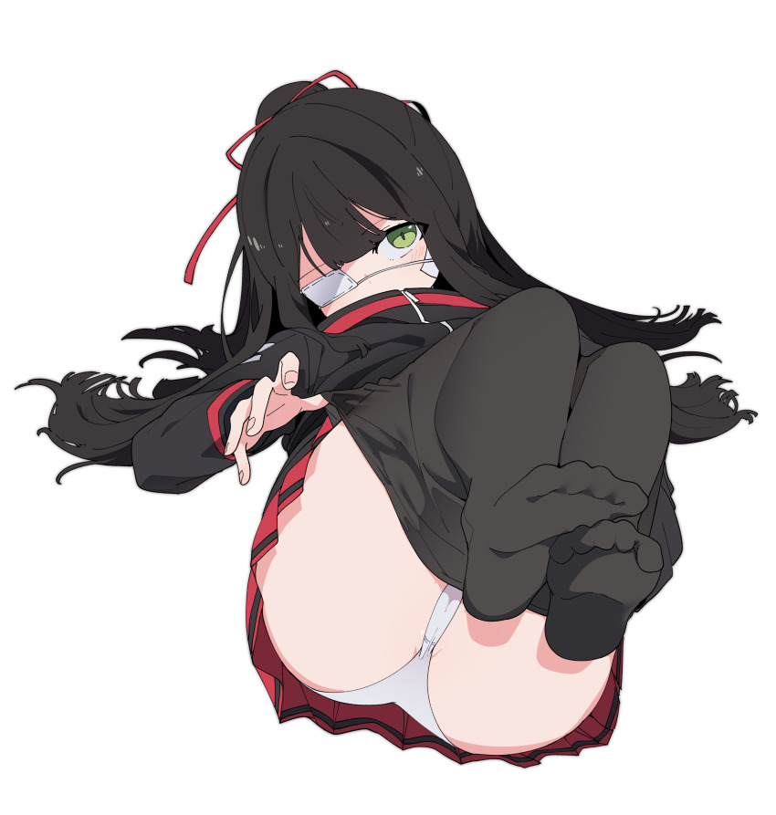 1girl absurdres bandaid bandaid_on_cheek bandaid_on_face black_hair black_jacket black_pantyhose blush clothes_pull commentary eyepatch feet green_eyes hair_between_eyes highres jacket library_of_ruina long_hair long_sleeves looking_at_viewer luke_(dydansgur) medical_eyepatch no_shoes panties pantyhose pantyhose_pull project_moon red_ribbon red_skirt ribbon shi_association_south_uniform simple_background skirt solo tenma_(project_moon) underwear white_background white_panties