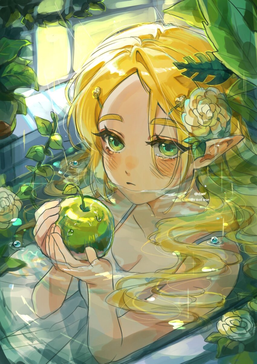 1girl apple bare_shoulders bathtub blonde_hair blush breasts didi_en_ilu dress flower food fruit green_apple green_eyes hair_flower hair_ornament hairclip highres holding holding_food holding_fruit long_hair looking_at_viewer medium_breasts nintendo nose_blush parted_bangs partially_submerged pointy_ears princess_zelda solo spaghetti_strap the_legend_of_zelda the_legend_of_zelda:_breath_of_the_wild thick_eyebrows white_dress