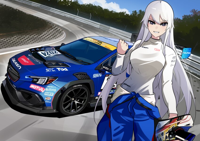 1girl absurdres azur_lane bbs_(wheel) breasts car clenched_hand cowboy_shot enterprise_(azur_lane) falken_tire grin helmet highres holding holding_helmet holeecrab jumpsuit jumpsuit_around_waist large_breasts long_hair long_sleeves looking_at_viewer motor_vehicle motul_(company) outdoors purple_eyes race_vehicle racecar racetrack racing_suit sky smile solo spoiler_(automobile) sponsor subaru_(brand) subaru_wrx sweater tree white_hair white_sweater