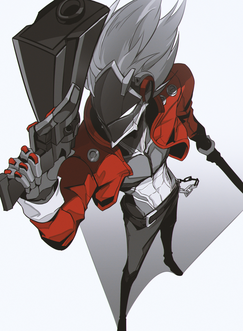 1boy absurdres artificial_eye belt billy_kid black_pants black_shoes clothed_robot dual_wielding gun handgun hashtag-only_commentary highres holding humanoid_robot jacket like0629521 male_focus mechanical_arms mechanical_eye mechanical_hands pants red_jacket robot robot_boy shadow shoes simple_background solo spiked_hair weapon white_background white_eyes white_hair zenless_zone_zero