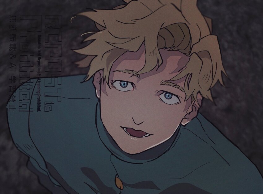 1boy blonde_hair blue_eyes blue_jacket chi.:_chikyuu_no_undou_ni_tsuite from_above gold_buttons jacket looking_at_viewer looking_up male_focus open_mouth parted_bangs qpsk_6 rafal_(fire_emblem) short_hair sketch smile solo upper_body wind
