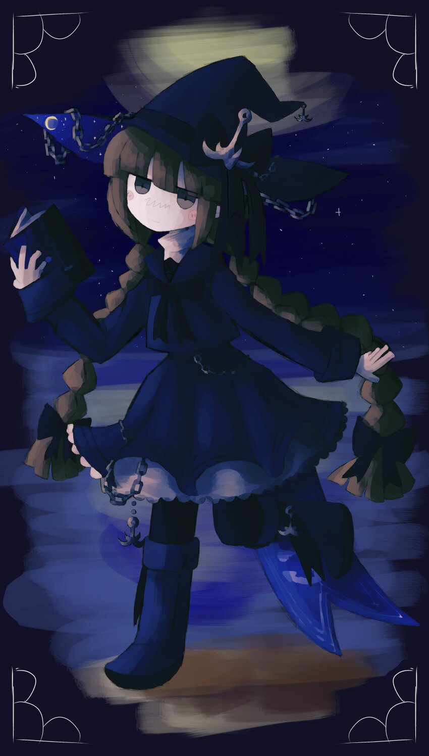1girl absurdres bad_id bad_twitter_id blue_dress blue_hat blush_stickers bow bowtie braid brown_eyes brown_hair closed_mouth commentary dress full_body funamusea hat highres iesonatana inactive_account long_hair long_sleeves looking_at_viewer low_twin_braids night oounabara_to_wadanohara outdoors solo standing standing_on_one_leg twin_braids very_long_hair wadanohara