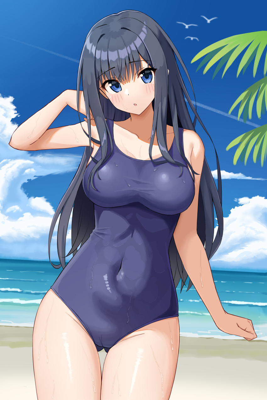 1girl absurdres beach black_hair blue_eyes blue_one-piece_swimsuit blue_sky breasts cevi79604876054 cloud covered_navel cowboy_shot day gluteal_fold highres horizon large_breasts long_hair ocean one-piece_swimsuit outdoors school_swimsuit sky solo standing subarashiki_hibi swimsuit takashima_zakuro thigh_gap