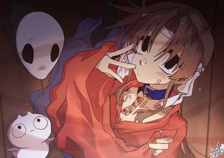 1girl absurdres bandaid bandaid_on_face black_eyes blue_collar brown_hair closed_mouth collar collarbone creature ed-chan_(edkuroki) edkuroki gauze gauze_on_cheek gauze_on_chest gauze_on_shoulder hair_intakes hand_up headband highres japanese_clothes kimono light long_hair long_sleeves looking_to_the_side messy_hair original purple_kimono red_kimono ribbon sidelocks signature white_headband white_ribbon wide_sleeves