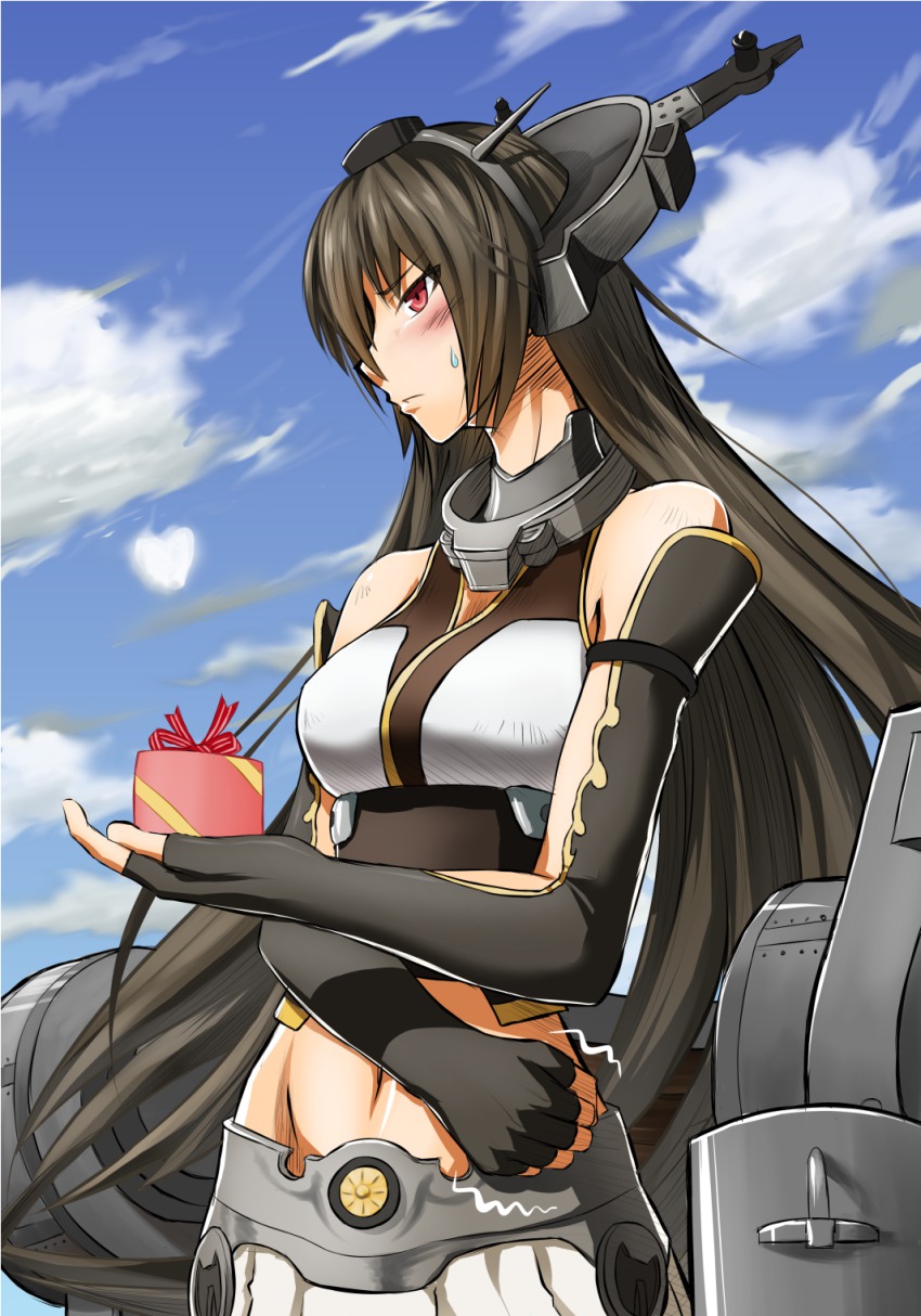 10s 1girl bare_shoulders black_hair blush breasts clenched_hand elbow_gloves female_focus fingerless_gloves gift gloves hair_between_eyes hair_ornament headgear highres iroia kantai_collection large_breasts long_hair midriff nagato_(kancolle) navel skirt solo sweatdrop valentine