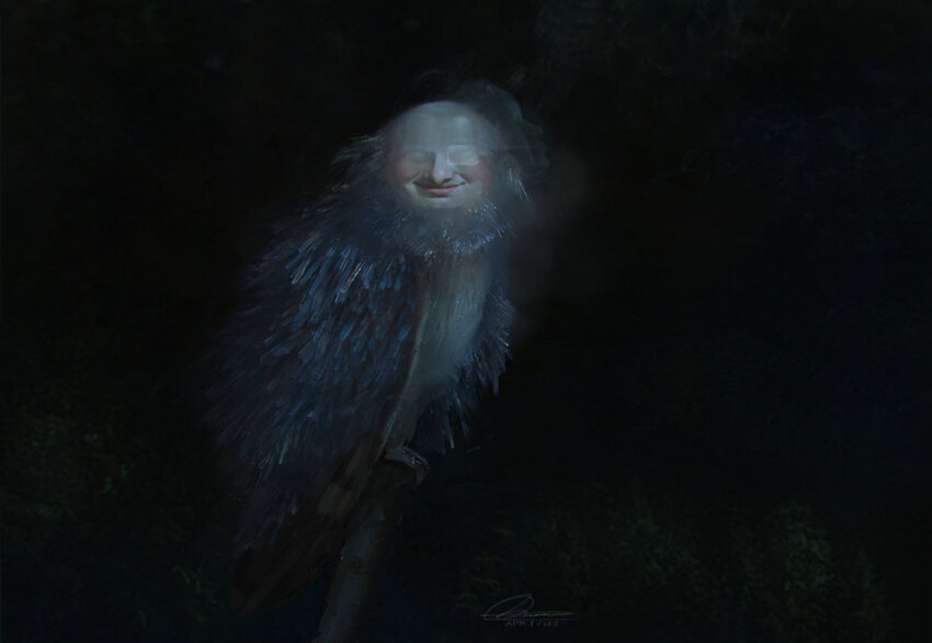 afterimage bird black_background branch closed_eyes closed_mouth dark dated exca glitch hawk human_head light_blush night no_humans original outdoors realistic signature smile