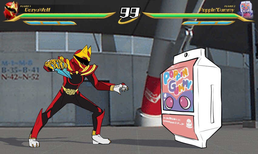 1boy 2025 20s absurdres adk-em arm_blade armor bandai bandai_namco black_bodysuit blurry blurry_background bodysuit buckle claws company_connection crossover emeruga fighting_game fighting_stance fingernails giant gochizou gozyu_wolf health_bar helmet highres ishimori_prod jewelry kamen_rider kamen_rider_gavv_(series) long_fingernails no.1_sentai_gozyuger poppin_gummy_gochizou red_armor red_bodysuit red_helmet ring screenshot_background screenshot_inset sentairing sentairing:_tegasword_red size_difference super_sentai tegasword toei_company tokusatsu tsumegabuckle tv_asahi weapon