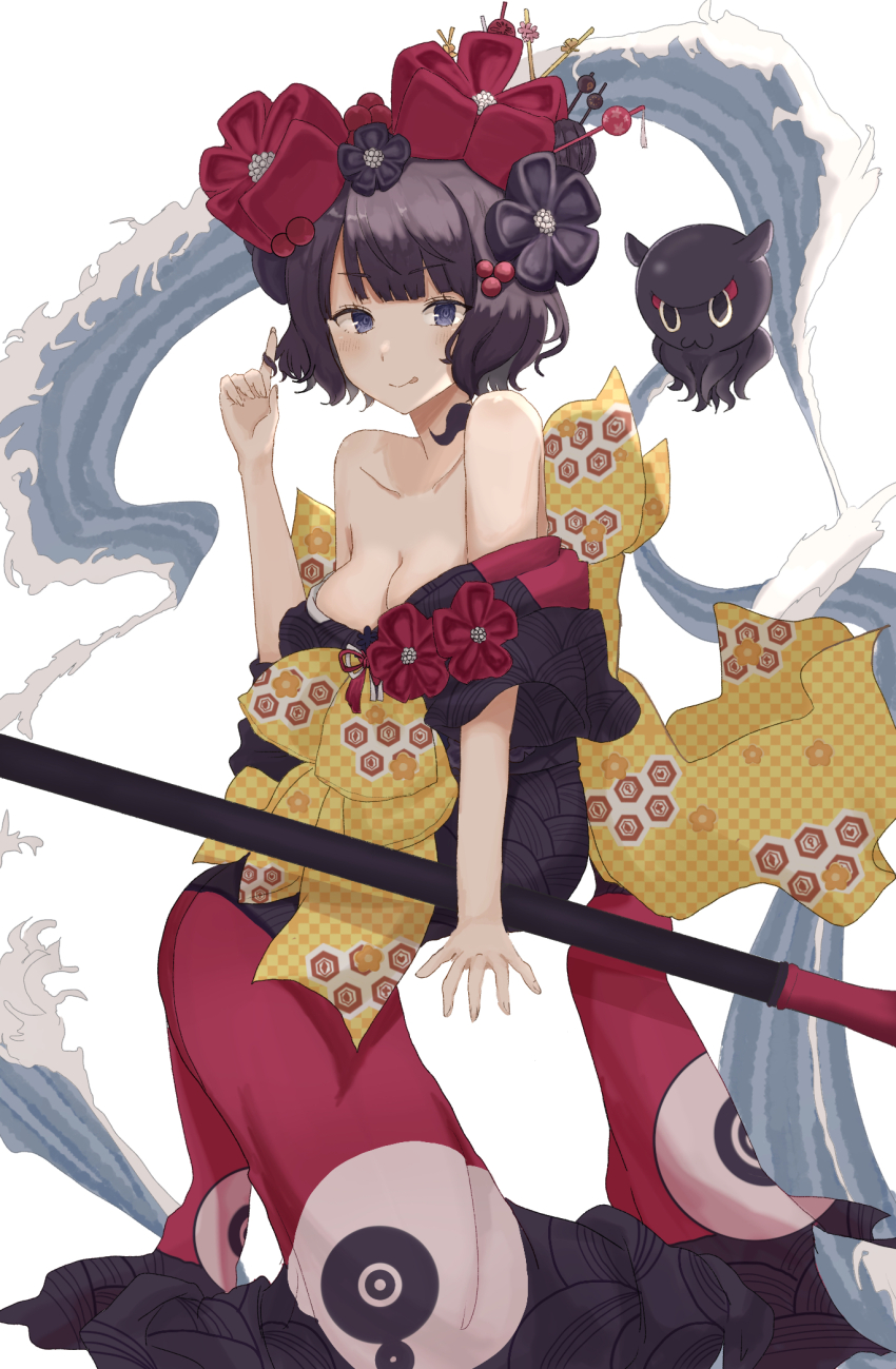 1girl bare_shoulders black_hair black_kimono blue_eyes blush breasts cleavage commentary fate/grand_order fate_(series) flower full_body giant_brush hair_bun hair_flower hair_ornament highres japanese_clothes katsushika_hokusai_(fate) katsushika_hokusai_(second_ascension)_(fate) kimono large_breasts looking_at_viewer marimo_mdmg octopus playing_with_own_hair red_kimono sash short_hair single_hair_bun smile symbol-only_commentary tongue tongue_out toto-sama_(fate) two-tone_kimono water yellow_sash