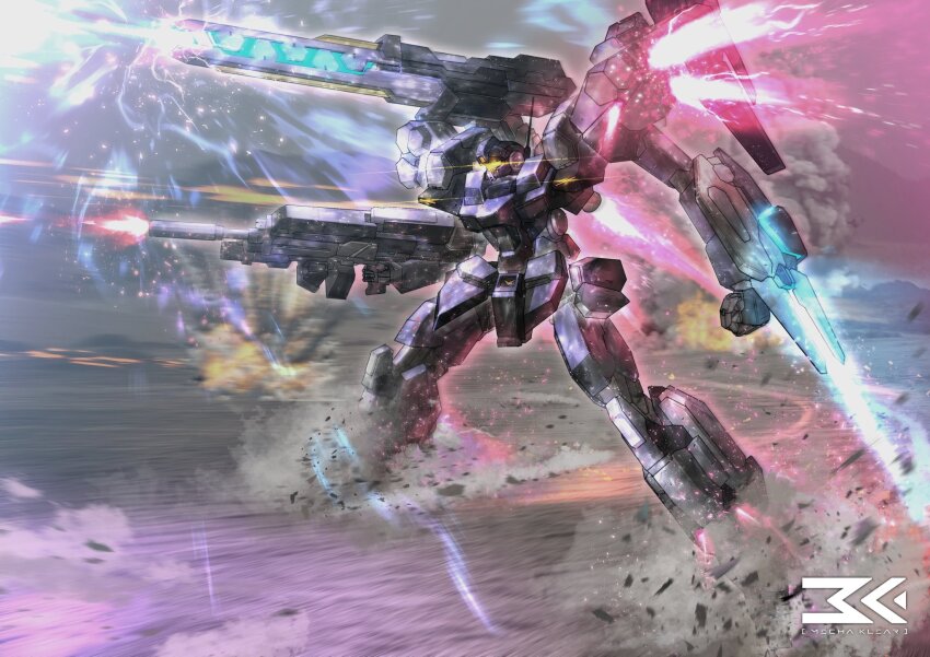 arm_mounted_weapon armored_core artist_name assault_visor beam_cannon clenched_hand commentary debris dust_cloud energy_blade exhaust explosion firing gun gundam gundam_unicorn highres jesta jesta_cannon legs_apart mecha mecha_focus mechaklear mobile_suit motion_blur no_humans radio_antenna redesign robot science_fiction shoulder_cannon smoke solo thrusters weapon yellow_visor