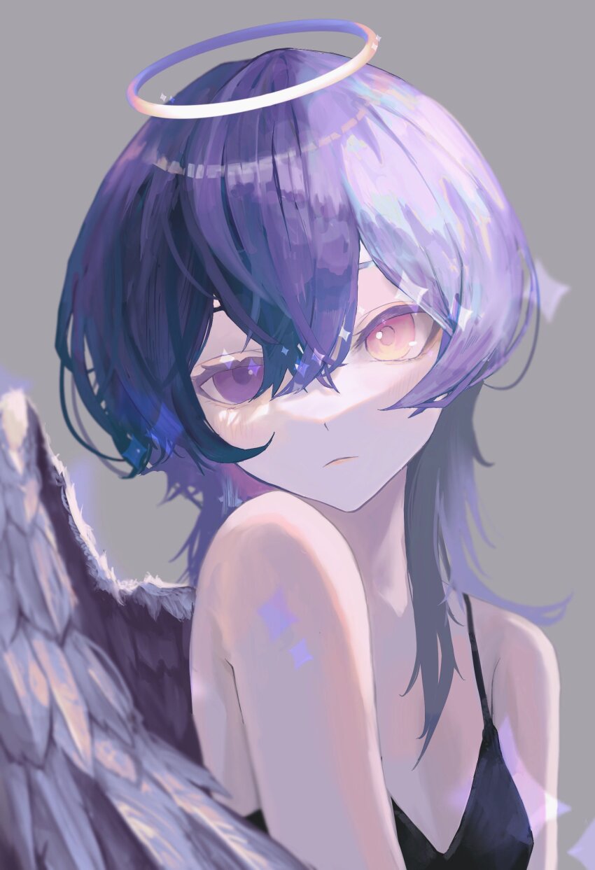 1girl absurdres armpit_crease bare_shoulders black_dress blush breasts closed_mouth commentary_request dress feathered_wings grey_background hair_between_eyes halo heterochromia highres long_hair looking_at_viewer lui_n24 orange_eyes original portrait purple_eyes purple_hair purple_halo purple_wings simple_background small_breasts solo sparkle star_(symbol) wings