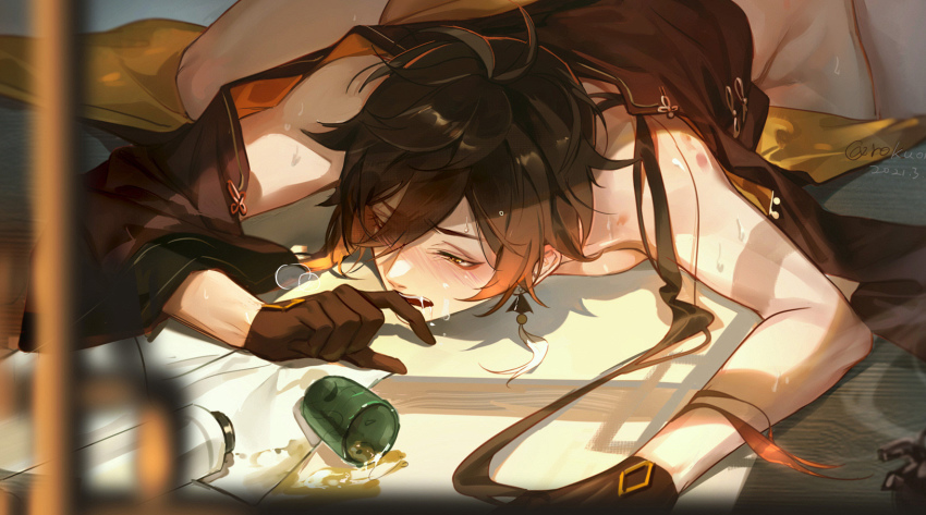 1boy antenna_hair bite_mark black_gloves blush breath brown_hair brown_shirt collarbone commentary_request cup drooling earrings eyeliner genshin_impact gloves gradient_hair hair_between_eyes highres jewelry long_hair lying male_focus messy_hair multicolored_hair nose_blush on_stomach open_clothes open_mouth open_shirt orange_eyes orange_hair red_eyeliner rokuon saliva scroll shirt single_earring solo tassel tassel_earrings teacup very_long_hair zhongli_(genshin_impact)