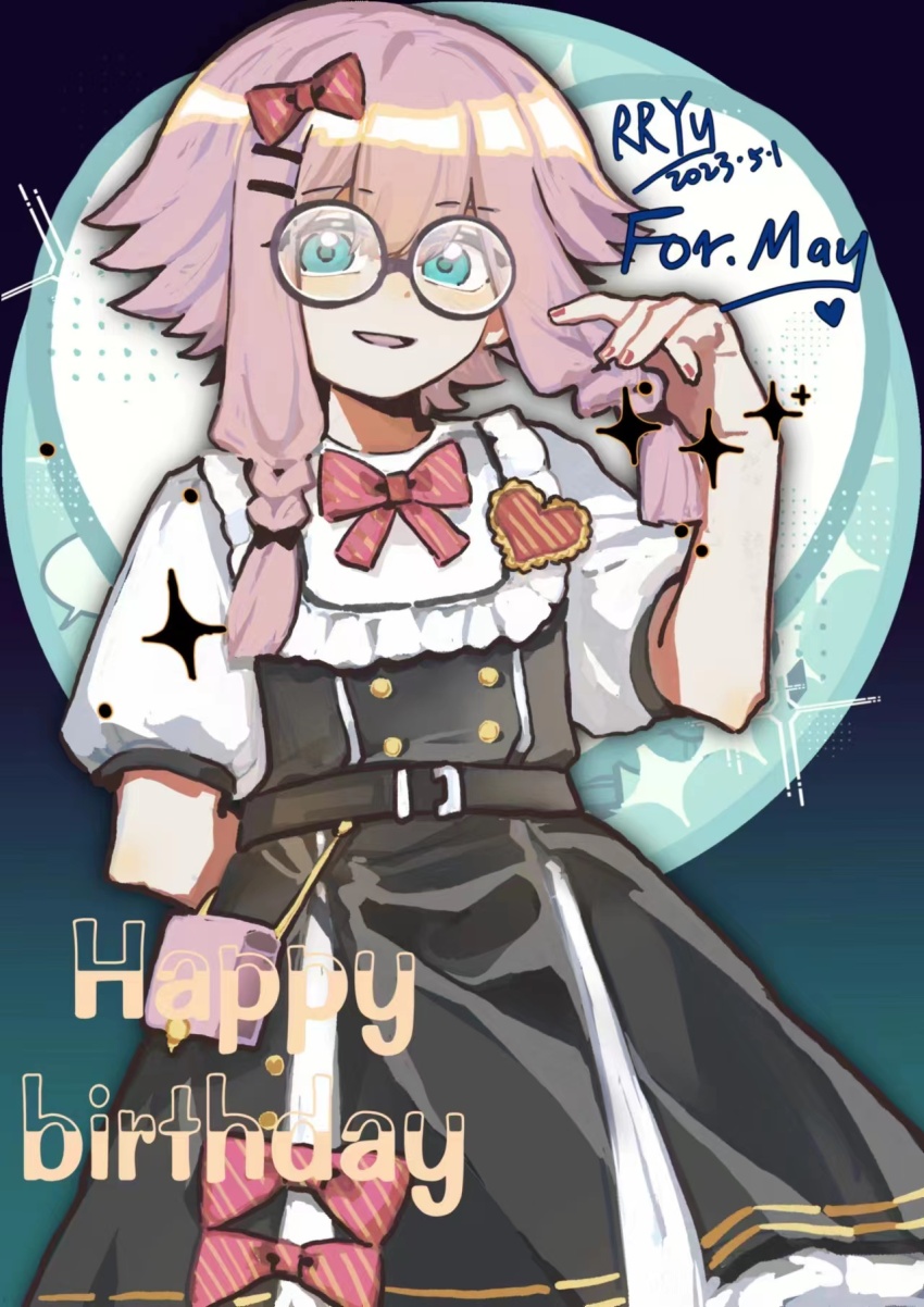1girl alternate_costume arknights artist_name belt black-framed_eyewear black_dress blue_eyes bow braid character_name dated dress glasses hair_bow happy_birthday heart highres may_(arknights) pink_bow pink_hair pink_nails red_bow round_eyewear rryy short_hair_with_long_locks sidelocks twin_braids