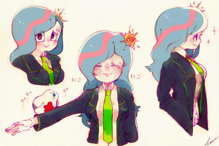1girl ^_^ animal_on_arm bird bird_on_arm black_eyes black_jacket blazer blue_eyes breasts buttons closed_eyes closed_mouth collared_jacket collared_shirt commentary_request cropped_torso dress_shirt employee_(project_moon) from_side green_necktie hands_in_pockets happy highres jacket lapels large_breasts light_blush lips lobotomy_corporation long_hair looking_at_viewer multicolored_hair multiple_views necktie notched_lapels nugget_(project_moon) open_clothes open_jacket outstretched_arm pink_hair pink_lips project_moon punishing_bird shirt signature simple_background smile sound_effects sparkle streaked_hair sun_hair_ornament temari_momiji wavy_hair white_background white_shirt