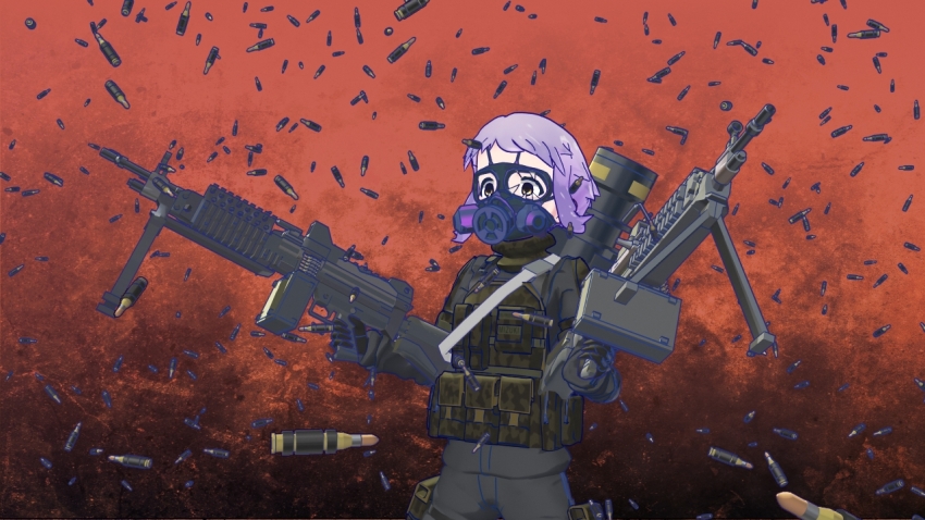 1girl 3d artist_request black_gloves black_jacket black_pants blender_(medium) bullet commentary fim-92_stinger gas_mask gloves gun hands_up holding holding_gun holding_weapon holster idolmaster idolmaster_million_live! jacket light_machine_gun load_bearing_vest looking_ahead m249_saw machine_gun makabe_mizuki mask military pants purple_hair red_background rocket_launcher short_hair sidelocks solo tactical_clothes thigh_holster upper_body wavy_hair weapon weapon_on_back yellow_eyes