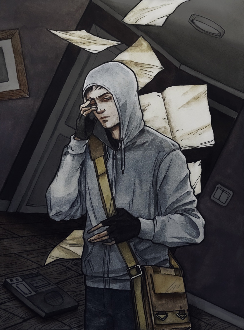1boy bag black_gloves black_hair bloodshot_eyes book ceiling_light cellar_art cowboy_shot cry_of_fear door dvd_player fingerless_gloves flying_paper gloves grey_hoodie hand_on_own_face highres holding_strap hood hood_up hoodie indoors looking_at_viewer one_eye_closed open_book paper short_hair shoulder_bag simon_henriksson solo wooden_floor
