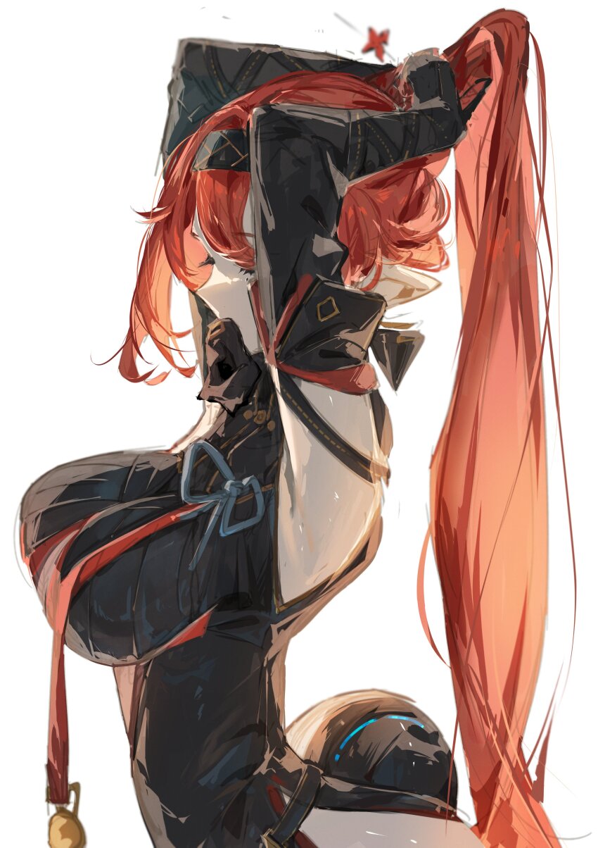 1girl absurdres adjusting_hair armpits black_hairband blue_ribbon breasts from_side hairband highres long_hair ponytail raven_mido red_hair ribbon simple_background solo very_long_hair white_background wuthering_waves yinlin_(wuthering_waves)
