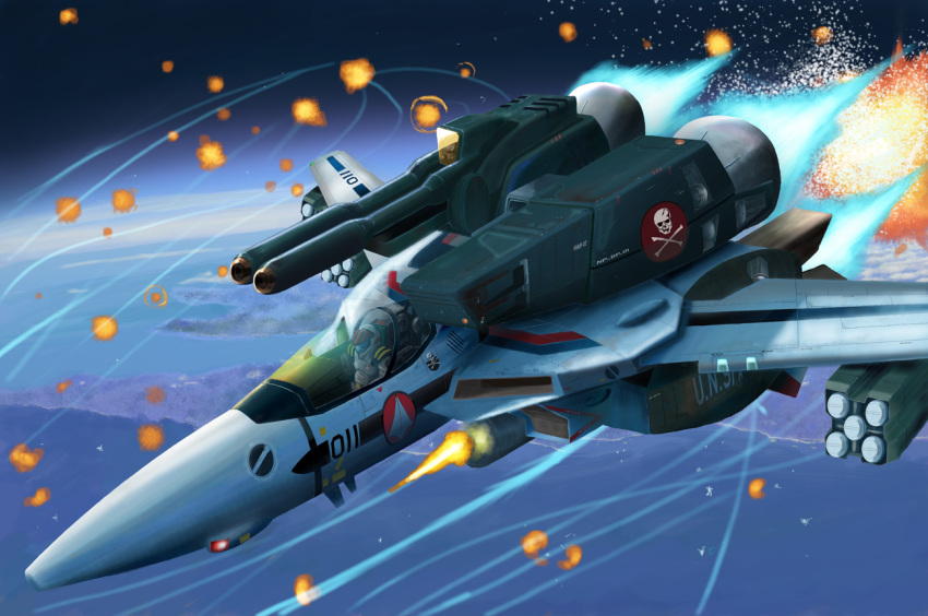 1980s_(style) armor bad_id bad_pixiv_id battle cannon cockpit contrail earth_(planet) energy_gun explosion firing flying gunpod helmet i.t.o_daynamics ichijou_hikaru itano_circus jolly_roger macross macross:_do_you_remember_love? mecha missile oldschool orbit planet retro_artstyle robot science_fiction space spacecraft spacesuit u.n._spacy vehicle_focus vf-1 vf-1_strike weapon