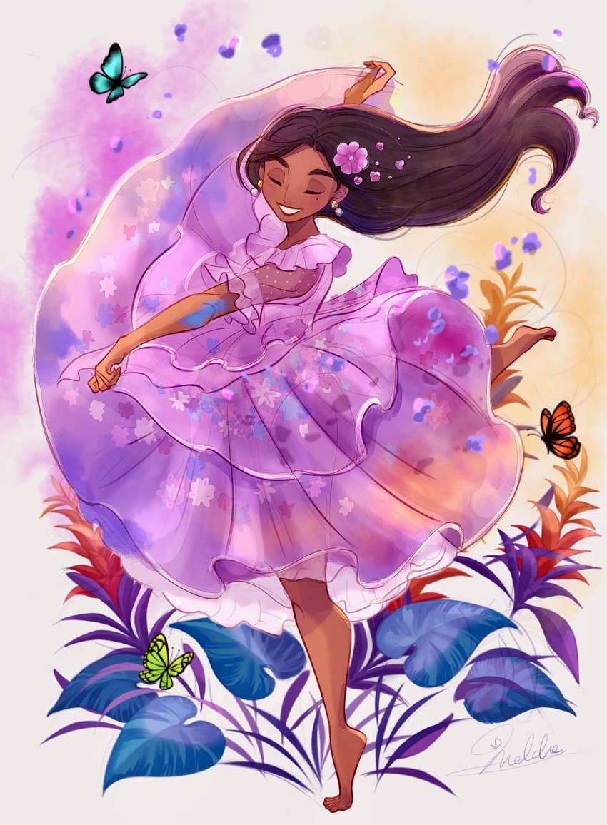 1girl brown_hair colombian_clothes dark-skinned_female dark_skin dress earrings embroidery encanto flower hair_flower hair_ornament highres isabela_madrigal jewelry long_hair melchencanto purple_dress purple_petals simple_background smile solo very_dark_skin