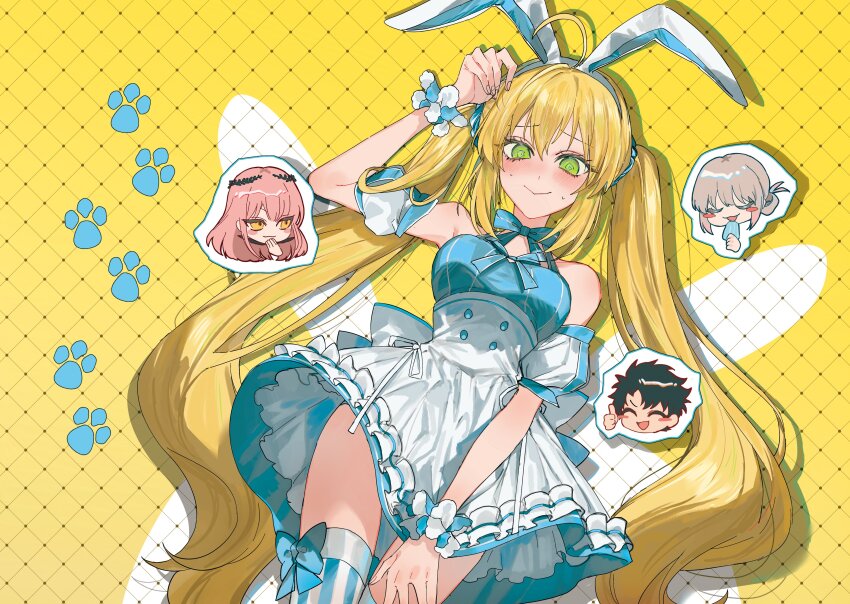 2boys 2girls :3 @_@ absurdres ahoge animal_ear_hairband animal_ears apron arm_up artoria_caster_(fate) artoria_caster_(swimsuit)_(fate) artoria_caster_(swimsuit)_(second_ascension)_(fate) artoria_caster_(swimsuit_berserker)_(fate) artoria_caster_(swimsuit_berserker)_(second_ascension)_(fate) artoria_pendragon_(fate) back_bow bare_shoulders black_hair blonde_hair blue_dress blue_thighhighs blush bow chibi closed_eyes closed_mouth cnoc_na_riabh_(fate) commentary_request cowboy_shot detached_sleeves dress embarrassed fake_animal_ears fate/grand_order fate_(series) food frilled_apron frills from_below fujimaru_ritsuka_(male) green_eyes grey_hair hair_between_eyes hairband halter_dress halterneck highres holding holding_food holding_popsicle licking long_hair looking_at_another looking_at_viewer medb_(fate) multicolored_thighhighs multiple_boys multiple_girls oberon_(fate) oberon_(refreshing_summer_prince)_(fate) open_mouth paid_reward_available pink_hair ponytail popsicle rabbit_ear_hairband rabbit_ears short_hair short_sleeves sidelocks simple_background skirt skirt_tug solo_focus striped_clothes striped_thighhighs sweat thighhighs thumbs_up tongue tongue_out twintails waist_apron white_apron white_bow white_thighhighs wrist_cuffs yellow_background yellow_eyes yurumawari