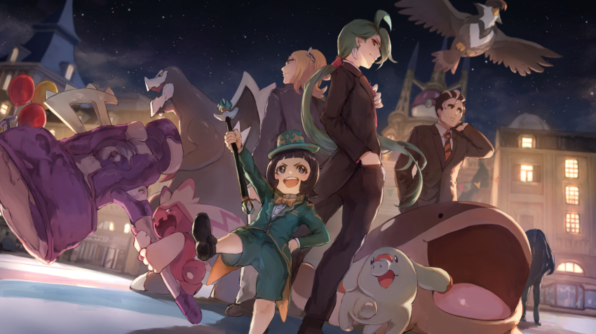 2boys 3girls :d ahoge alternate_costume baxcalibur black_footwear blonde_hair building cane clodsire collared_shirt commentary_request geeta_(pokemon) gen_2_pokemon gen_4_pokemon green_hair green_headwear green_shorts hand_in_pocket hassel_(pokemon) hat highres holding holding_cane jacket jojobirdz larry_(pokemon) long_hair multiple_boys multiple_girls necktie night nintendo open_mouth outdoors pants phanpy pokemon pokemon_(creature) pokemon_sv ponytail poppy_(pokemon) rika_(pokemon) shirt shoes shorts sky smile standing star_(sky) staraptor teeth tinkaton upper_teeth_only