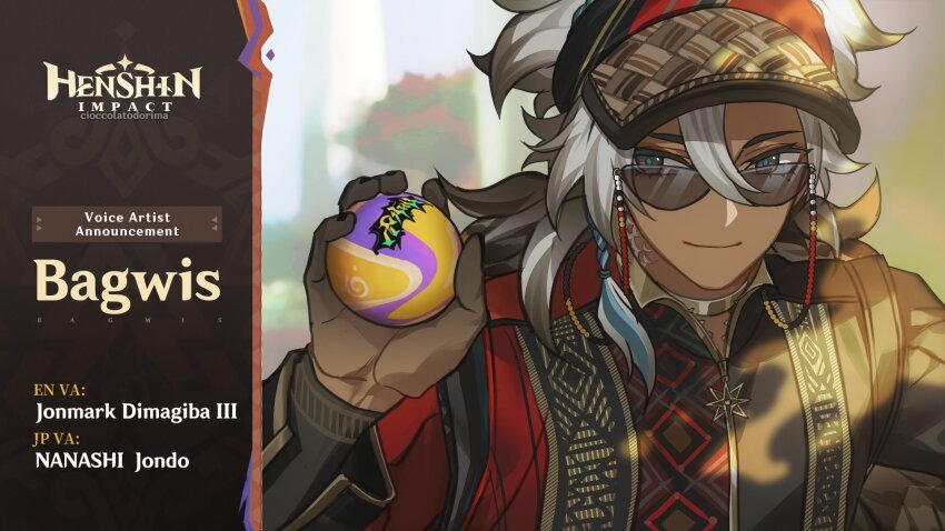 1boy artist_name ball cape cioccolatodorima closed_mouth clothing_request commentary dark-skinned_male dark_skin english_commentary english_text genshin_impact hand_up highres holding holding_ball jacket male_focus mole mole_under_eye multicolored_hair multicolored_jacket original parody smile solo streaked_hair sunglasses upper_body white_hair