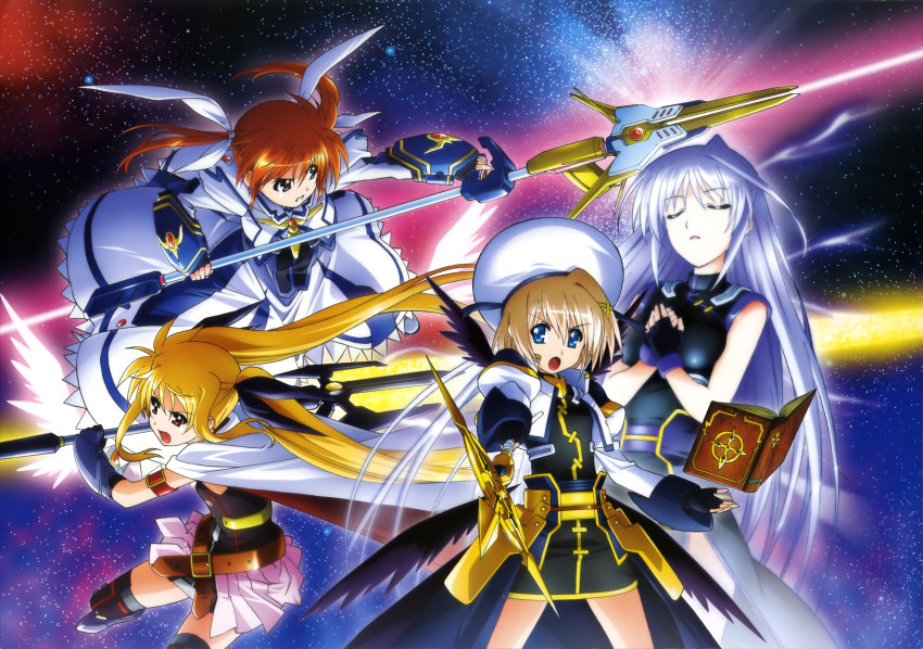 4girls :o absurdres artist_request bardiche_(nanoha) bardiche_(zanber_form)_(nanoha) black_legwear blonde_hair blue_eyes book boots brown_hair cape celtic_cross closed_eyes cross dress energy_sword energy_wings fate_testarossa fate_testarossa_(blaze_form) fingerless_gloves gloves hair_ribbon hat highres huge_weapon jacket long_hair lyrical_nanoha magazine_(weapon) mahou_shoujo_lyrical_nanoha mahou_shoujo_lyrical_nanoha_a&#039;s mahou_shoujo_lyrical_nanoha_the_movie_2nd_a&#039;s multiple_girls official_art orange_hair purple_eyes raising_heart raising_heart_(exelion_mode)_(2nd) red_eyes reinforce ribbon schwertkreuz shoes short_hair short_twintails silver_hair single_hair_intake skirt staff star_(symbol) star_symbol_background sword takamachi_nanoha takamachi_nanoha_(exelion_mode) thighhighs tome_of_the_night_sky twintails waist_cape weapon winged_footwear wings yagami_hayate