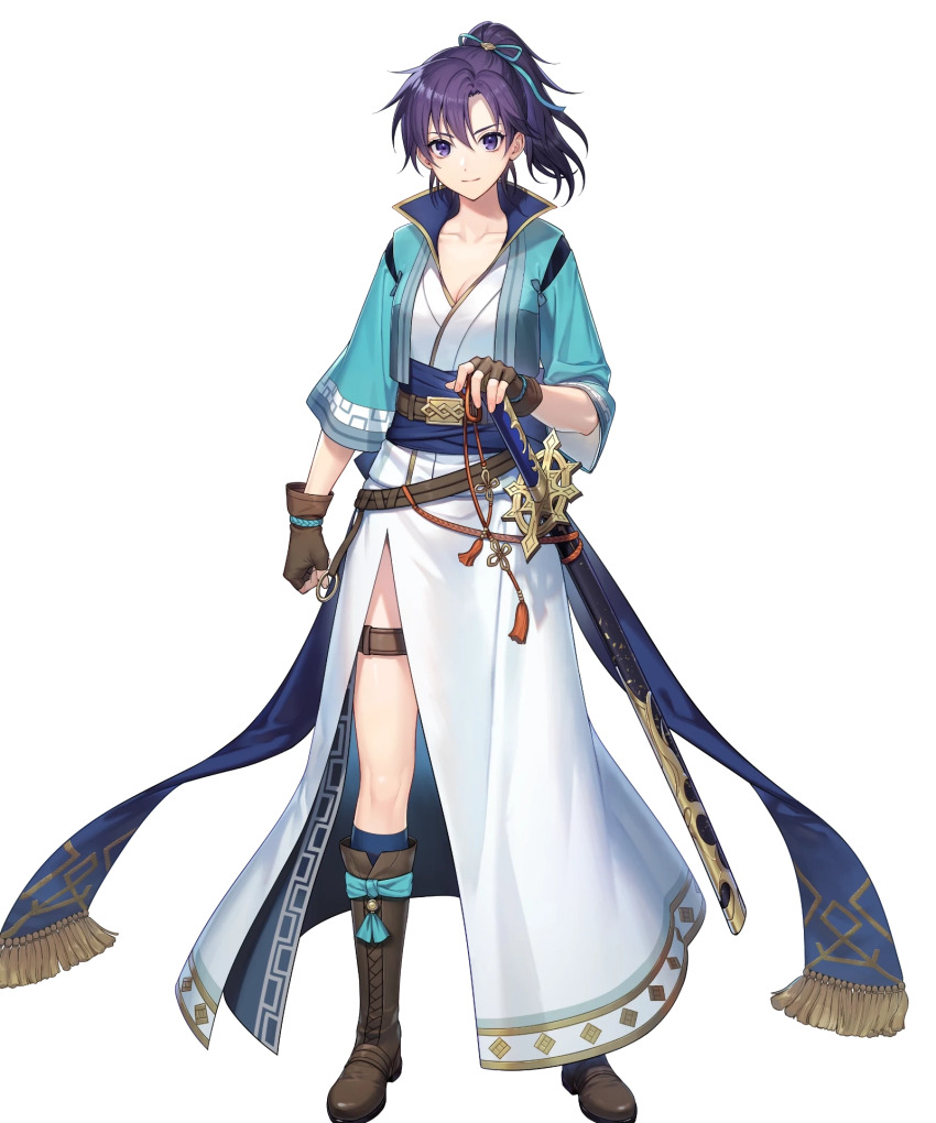 1girl boots fingerless_gloves fir_(fire_emblem) fir_(swordmaiden)_(fire_emblem) fire_emblem fire_emblem:_the_binding_blade fire_emblem_heroes full_body gloves highres japanese_clothes kiyu_(zuyu) knee_boots long_hair nintendo non-web_source obi official_art ponytail purple_eyes purple_hair sash short_sleeves solo sword thigh_strap transparent_background weapon