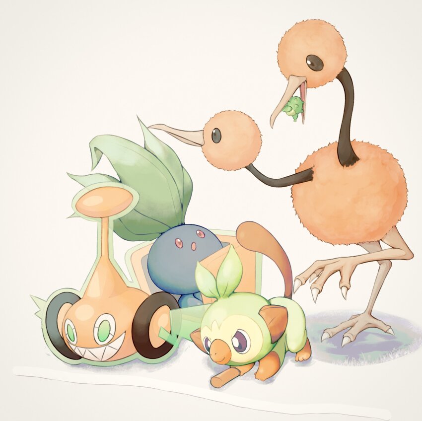:o absurdres bird blue_skin brown_fur closed_mouth colored_skin commentary_request doduo fireblast gen_1_pokemon gen_4_pokemon gen_8_pokemon green_eyes grin grookey highres holding holding_stick leaf multiple_heads nintendo no_humans oddish open_mouth pokemon pokemon_(creature) red_eyes rotom rotom_(mow) simple_background smile stick tail talons teeth white_background