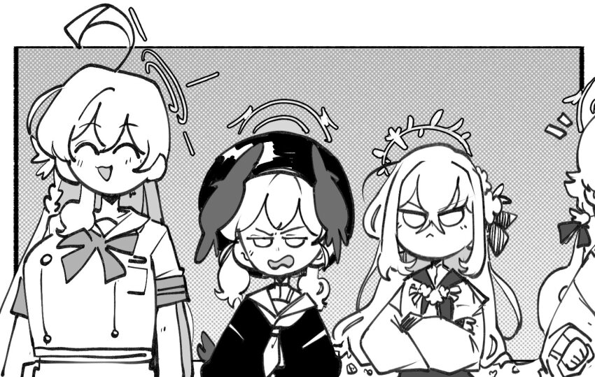 4girls :&lt; ahoge azusa_(blue_archive) blank_eyes blue_archive closed_eyes closed_mouth crossed_arms greyscale hair_between_eyes halo hanako_(blue_archive) hat head_wings hifumi_(blue_archive) kinzaibatsu91 koharu_(blue_archive) long_hair low_wings monochrome multiple_girls neckerchief open_mouth shirt short_sleeves smile twintails wings