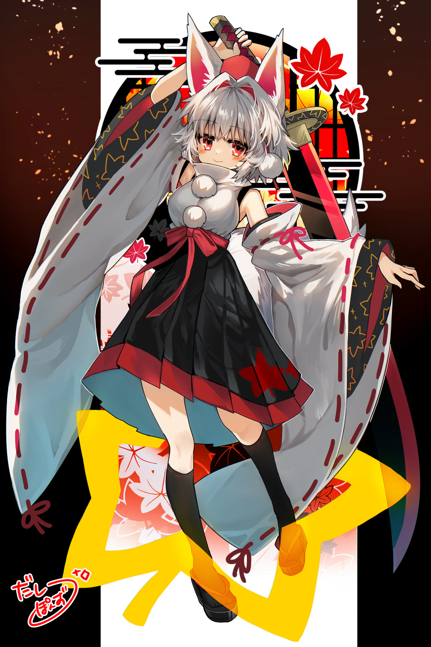 1girl absurdres animal_ears arm_up armpits autumn_leaves bare_shoulders black_socks breasts closed_mouth commentary_request detached_sleeves egasumi full_body grey_hair hair_intakes hat highres holding holding_sword holding_weapon inubashiri_momiji kneehighs leaf leaf_print long_sleeves maple_leaf_print medium_breasts okobo platform_sandals pleated_skirt pokopoko_ponzu pom_pom_(clothes) red_eyes red_hat red_ribbon red_sash ribbon ribbon-trimmed_sleeves ribbon_trim sandals sash shirt short_hair signature skirt sleeveless sleeveless_shirt smile socks solo standing sword tail touhou weapon white_shirt white_sleeves wide_sleeves wolf_ears wolf_girl wolf_tail