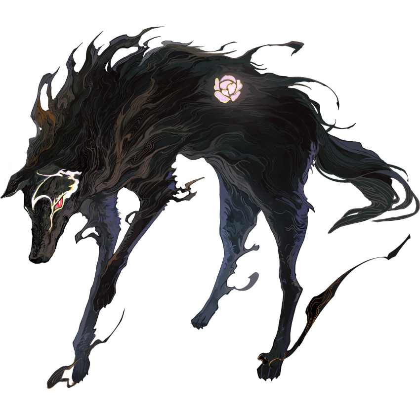 animal animal_focus black_fur body_markings dog endo_(takolegs) fate/grand_order fate_(series) full_body game_cg highres looking_at_viewer no_humans official_art red_eyes solo standing tachi-e third-party_source transparent_background