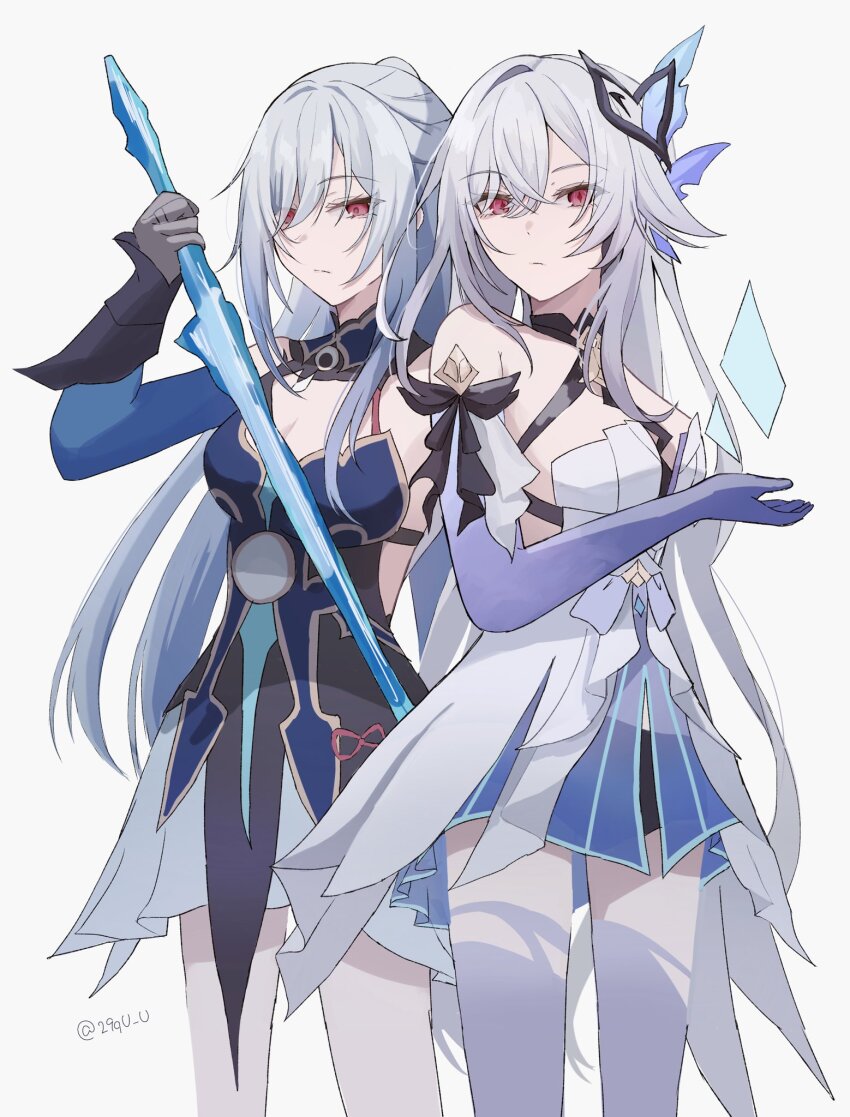 2girls 961_kuru blue_dress blue_sleeves crystal_shards crystal_sword dress genshin_impact grey_hair highres holding holding_sword holding_weapon honkai:_star_rail honkai_(series) jingliu_(honkai:_star_rail) multiple_girls object_floating_above_hand red_eyes skirk_(genshin_impact) sword weapon white_dress white_hair