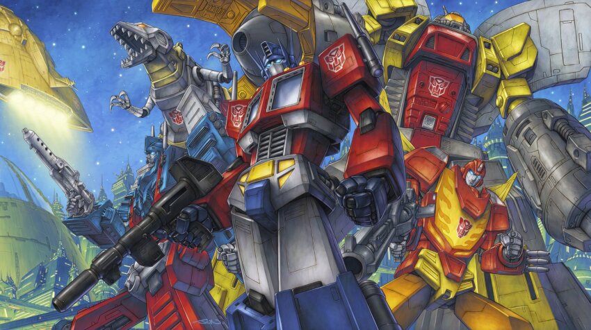 ark_(transformers) arm_cannon assault_visor autobot blue_eyes clenched_hand glowing glowing_eyes grimlock gun highres holding holding_gun holding_weapon hot_rod_(transformers) looking_at_viewer looking_up mecha nakamura_jun-ichi no_humans non-humanoid_robot omega_supreme optimus_prime orange_eyes robot robot_animal science_fiction sharp_teeth sky spacecraft star_(sky) starry_sky teeth transformers ultra_magnus weapon
