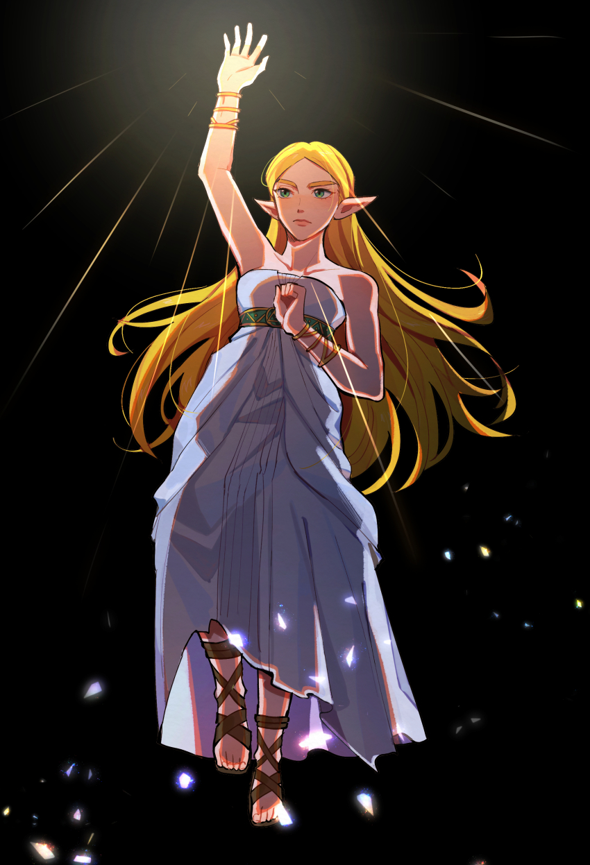 1girl absurdres arm_up bare_shoulders black_background blonde_hair bracelet closed_mouth commentary dress english_commentary full_body highres jewelry long_dress long_hair looking_to_the_side looking_up nintendo pointy_ears princess_zelda sandals seirorath sleeveless sleeveless_dress solo sparkle the_legend_of_zelda the_legend_of_zelda:_breath_of_the_wild thick_eyebrows white_dress