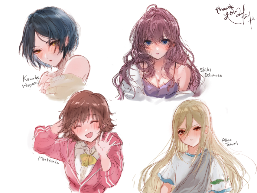 4girls ^_^ afuro_terumi ahoge blonde_hair blue_hair breasts brown_hair camisole character_name cleavage closed_eyes cropped_torso dark_blue_hair hair_between_eyes hayami_kanade highres honda_mio hood hooded_jacket ichinose_shiki idolmaster idolmaster_cinderella_girls inazuma_eleven_(series) jacket kuromitsu_maria long_hair medium_breasts multiple_girls purple_camisole purple_hair short_hair simple_background track_jacket upper_body very_long_hair white_background