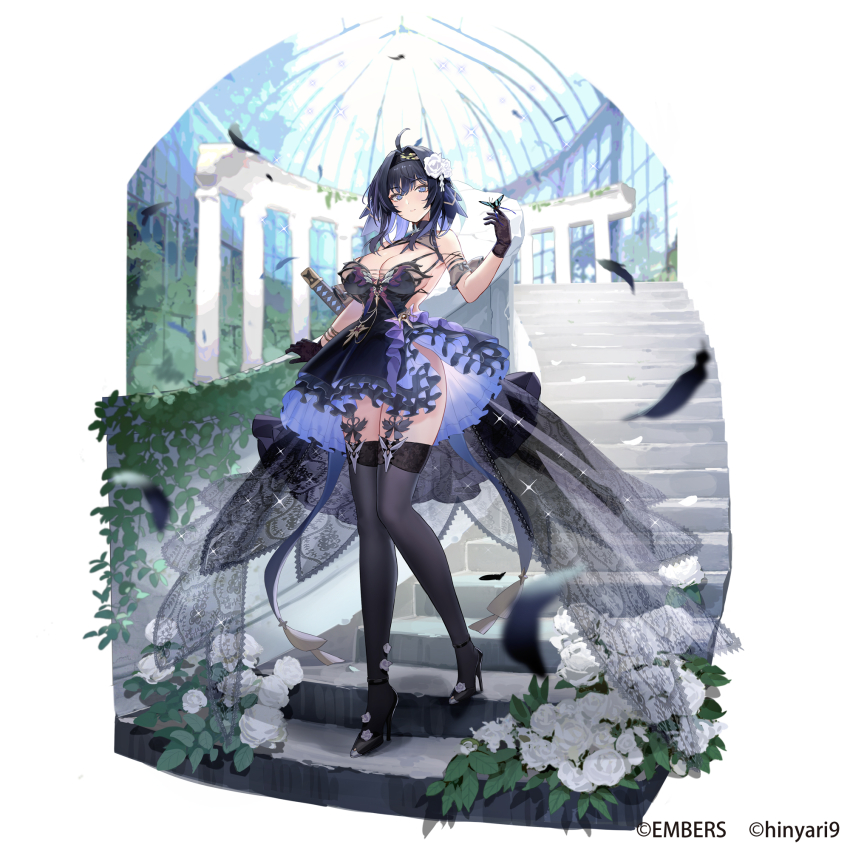 1girl ahoge black_dress black_feathers black_footwear black_gloves black_hair black_thighhighs blue_eyes breasts bug butterfly butterfly_on_hand character_request copyright_notice copyright_request dress falling_feathers feathers flower gloves hair_flower hair_ornament high_heels highres insect katana miyazakisoul official_art rose short_hair side_slit solo sparkle stairs sword thighhighs weapon white_flower white_rose