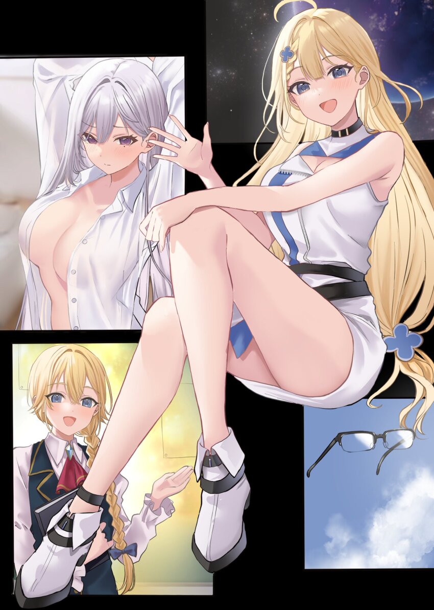 3girls :d ahoge arms_behind_head arms_up ascot bare_legs blonde_hair blue_eyes blue_sky book braid braided_ponytail breasts breasts_apart cleavage_cutout closed_mouth clothing_cutout cloud clover_hair_ornament convenient_leg cover cover_page dress fialka_tiursad glasses grey_hair hair_intakes hair_ornament hair_over_shoulder hamu_(plot_sy) hand_on_own_knee high_heels highres holding holding_book invisible_chair kimoota_mob_youhei_wa_minohodo_o_ben_(waki_ma)_eru large_breasts long_hair low_side_ponytail mole mole_under_eye multiple_girls multiple_views no_bra novel_cover official_art open_clothes open_mouth open_shirt paneled_background pencil_dress planet purple_eyes semi-rimless_eyewear sherry_(mob_youhei) shirt sitting sky sleeveless sleeveless_dress smile star_(sky) starry_sky unbuttoned unbuttoned_shirt very_long_hair vest waistcoat waving white_shirt wvs-09_rossweisse