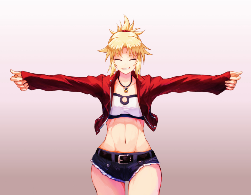 1girl ^_^ absurdres bandeau belt black_belt blonde_hair breasts closed_eyes collarbone commentary_request crop_top cropped_jacket cutoffs denim denim_shorts fate/apocrypha fate_(series) female_focus full_body gradient_background grey_background grin groin hair_ornament hair_scrunchie highres jacket jewelry juunishi_aya long_sleeves midriff mordred_(fate) mordred_(fate/apocrypha) mordred_(memories_at_trifas)_(fate) navel necklace open_clothes open_jacket outstretched_arms parted_bangs ponytail red_jacket red_scrunchie scrunchie short_shorts shorts sidelocks simple_background sleeves_past_wrists small_breasts smile solo standing white_background white_bandeau