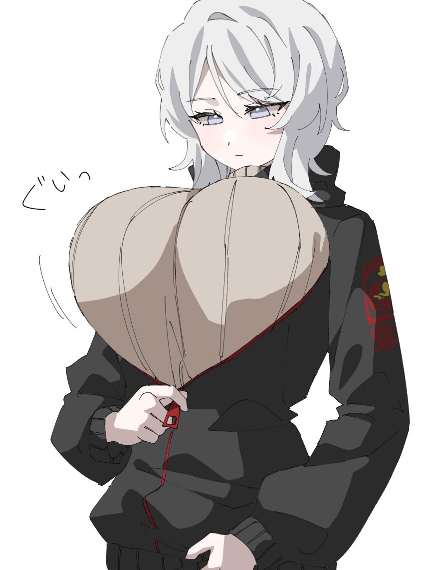 1girl black_jacket blue_eyes bouncing_breasts breasts brown_sweater faust_(project_moon) highres huge_breasts jacket kitaku_(ienikaeru) limbus_company project_moon simple_background solo sweater translation_request turtleneck turtleneck_sweater white_background white_hair zipper