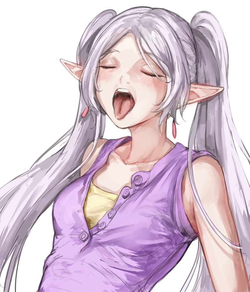 1girl absurdres breasts closed_eyes earrings elf frieren grey_hair highres jewelry long_hair nui_gurumi open_mouth pointy_ears purple_shirt saliva shirt simple_background sleeveless sleeveless_shirt small_breasts solo sousou_no_frieren tongue tongue_out twintails white_background
